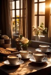 charming coffee cup arrangement featuring cozy mornings warm natural soft lighting inviting atmosphere, brew, table, beans, warmth, ceramic, texture, latte