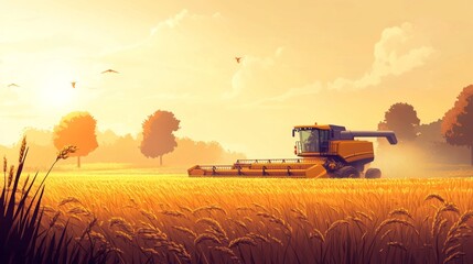 Fototapeta premium A rural scene showcasing a modern combine harvester at work in a rice field during the harvest season. Perfect for farming technology, rural economy, and food supply chains. 