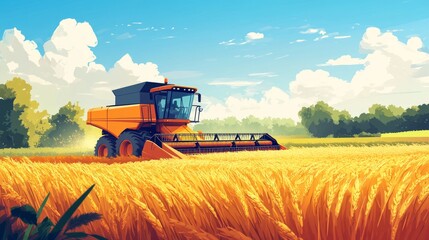 Naklejka premium A rural scene showcasing a modern combine harvester at work in a rice field during the harvest season. Perfect for farming technology, rural economy, and food supply chains. 