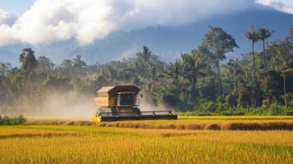 Obraz premium A rural scene showcasing a modern combine harvester at work in a rice field during the harvest season. Perfect for farming technology, rural economy, and food supply chains. 