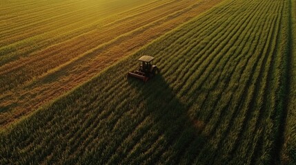 Obraz premium Aerial shot of a rice harvester moving through a large field, efficiently collecting the crop. Great for aerial photography, modern farming, and agribusiness content.