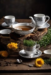 stylized presentation coffee tea pairing elegant tabletop arrangement featuring rustic textures eye catching accessories, style, drink, porcelain, cup