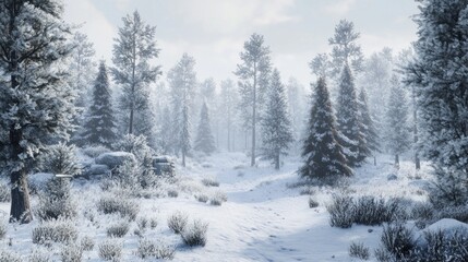 Beautiful snow-covered pine trees in a peaceful winter landscape. Ideal for seasonal, holiday, or outdoor adventure themes. 