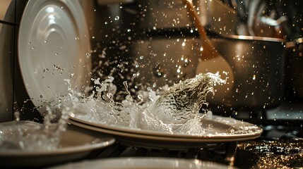 Splashing water on dirty dishes before cleanup symbolizing action and resolve