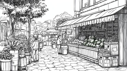 Obraz premium A coloring page of Peaceful Village Market with Fruit Stalls