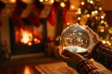 Naklejka premium Cozy christmas snow globe in festive living room
