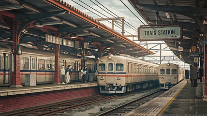 Obraz premium Vintage train station platform with red brick and white train, nostalgic travel concept. 