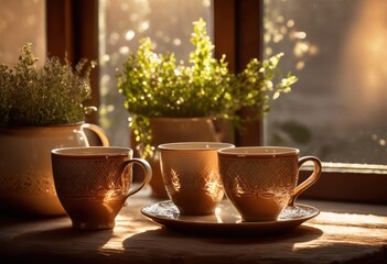 Fototapeta premium charming coffee cups arranged elegantly cozy morning backdrop warm lighting inviting atmosphere, ceramic, decor, tableware, beverage, cream, sugar, steam