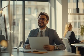 Fototapeta premium Cheerful Businessman in a Modern Office Setting Smiles While Reviewing Documents in a Well-Lit Workspace During a Productive Day