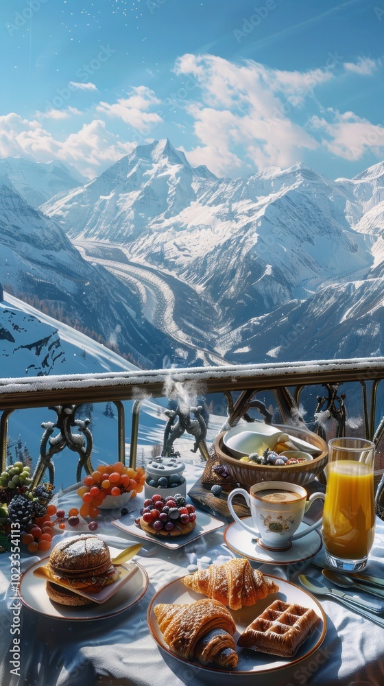 Poster a mountain view with a table full of food and drinks