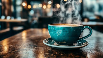 Obraz premium Close-up of a steaming cup of coffee in a cozy, inviting cafÃ©. Suitable for lifestyle, relaxation, and hospitality-related content. 