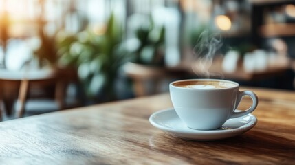 Obraz premium Close-up of a steaming cup of coffee in a cozy, inviting cafÃ©. Suitable for lifestyle, relaxation, and hospitality-related content. 