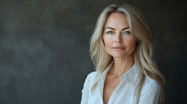 Kobieta ok 50 lat w białej koszuli, jasna fotografia studyjna, dzień menopauzy, tło dla projektu baner, generative ai 