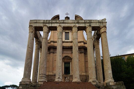 Rome, Italy - September 19, 2024: Temple of Antoninus and Faustina is an ancient Roman temple in Rome.