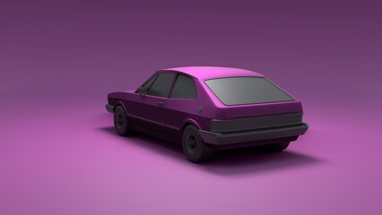 Cool looking old fashion car, back view studio render on violet background. Modern car design. 3d illustration.