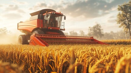 Fototapeta premium Efficient rice harvesting using a modern combine harvester in a thriving rice field. Great for sustainable farming, mechanized agriculture, and crop production themes. 