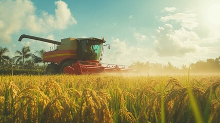 Fototapeta premium Efficient rice harvesting using a modern combine harvester in a thriving rice field. Great for sustainable farming, mechanized agriculture, and crop production themes. 