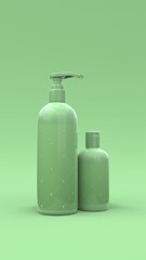 Elegant cosmetic bottles with label closeup on green background. Modern cover design. 3d illustration.