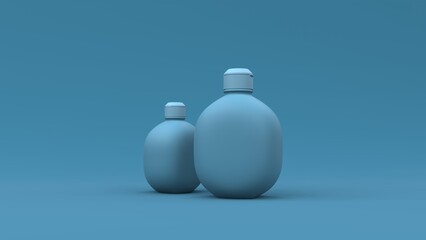 Elegant cosmetic bottles closeup on blue background. Modern cover design. 3d illustration.