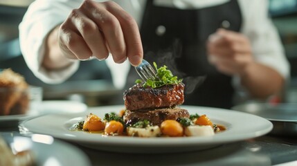 Experienced chef garnishing a beautifully plated gourmet dish in a high-end restaurant. Great for culinary, food, and hospitality industries.