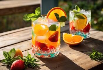 Fototapeta premium close refreshing summer iced cocktail garnished colorful fruits herbs vibrant experience, drink, beverage, tropical, cold, glass, zesty, lemonade, mint, citrus