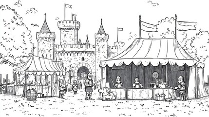 Obraz premium A coloring page of Medieval Fair with Knights and Children in Armor