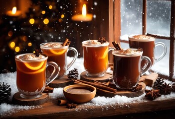 warm inviting cozy winter drinks steaming mugs garnished aromatic spices set frosty background, chocolate, coffee, cinnamon, nutmeg, clove, cream, warmth
