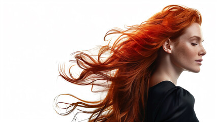 A woman with striking ginger hair, flowing and voluminous, highlighting its vibrant and healthy appearance