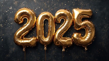 Metallic golden balloons numbers 2025 on black confetti background. Premium design for new year celebration