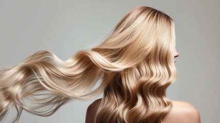 Naklejka premium A woman with rich, blonde hair flowing freely and showcasing its voluminous and healthy texture