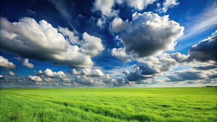 Obraz premium Grass field under a blue sky with dense clouds and sun