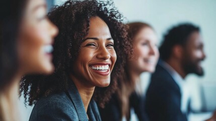 Obraz premium Group of diverse business professionals smiling and collaborating during a meeting. Suitable for teamwork, corporate success, and leadership topics.