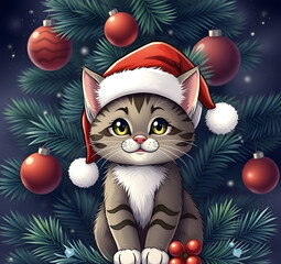 Obraz premium Kitten in Santa hat on the background of Christmas tree. Cartoon illustration. Festive mood of New Year and Christmas. Winter holiday concept with cat.