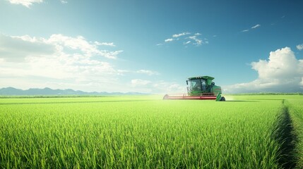Fototapeta premium Large green rice field in the process of being harvested by a combine harvester under clear skies. Ideal for agriculture, food production, and sustainable farming.