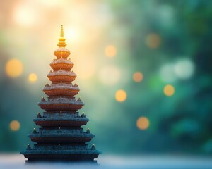 A beautifully crafted pagoda illuminated by soft light creates a serene atmosphere. This artistic scene captures the essence of tranquility in nature.