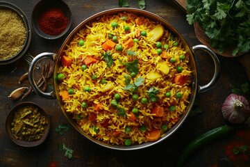 Aromatic vegetable rice dish in a silver pan.