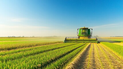 Large green rice field in the process of being harvested by a combine harvester under clear skies. Ideal for agriculture, food production, and sustainable farming.