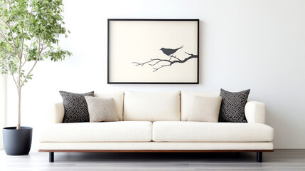 A white sofa with black and beige throw pillows, minimalist artwork, and a green potted plant.