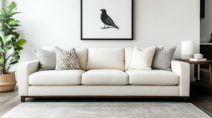 A white sofa with throw pillows sits in a modern living room.
