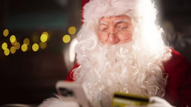 Portrait of funny Santa Claus using smartphone for shopping online in Christmas . Old magician use modern technology, cyber security and cybercrime in websites and mobile applications, internet fraud