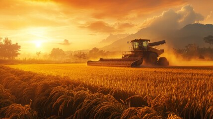 Fototapeta premium Modern rice harvester working in a golden rice field during sunset. Ideal for agriculture, farming technology, and rural life themes.