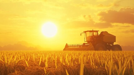 Fototapeta premium Modern rice harvester working in a golden rice field during sunset. Ideal for agriculture, farming technology, and rural life themes.