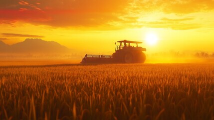 Fototapeta premium Modern rice harvester working in a golden rice field during sunset. Ideal for agriculture, farming technology, and rural life themes.