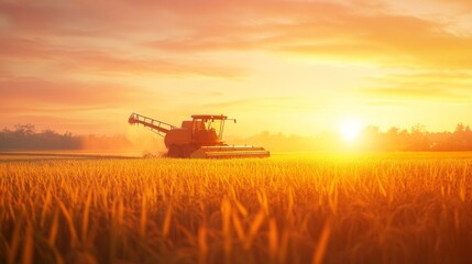 Fototapeta premium Modern rice harvester working in a golden rice field during sunset. Ideal for agriculture, farming technology, and rural life themes.