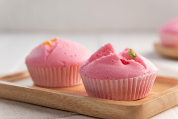 Thai Steamed Cupcakes,Pink color sponge cake (Cotton wool) or Fa Gao (Chinese Prosperity Cake)