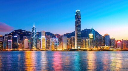 Naklejka premium City skyline at dusk showcasing vibrant lights and towering skyscrapers. Travel and holiday.