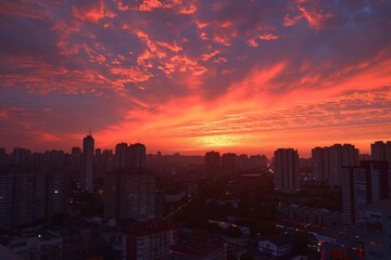 Obraz premium A vibrant cityscape silhouette against a fiery sunset sky, showcasing a stunning display of color and light.