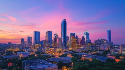 Panoramic city skyline with modern high-rise buildings at dusk. Great for business, urban development, or technology themes. 