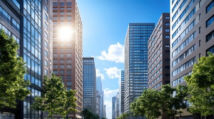 Modern city skyline with tall buildings and lush trees under a clear blue sky.