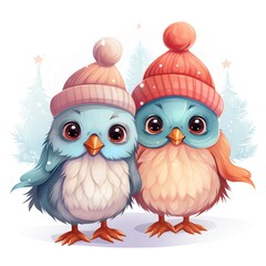Two adorable cartoon birds wearing colorful winter hats, perfect for seasonal decorations and children's themes.